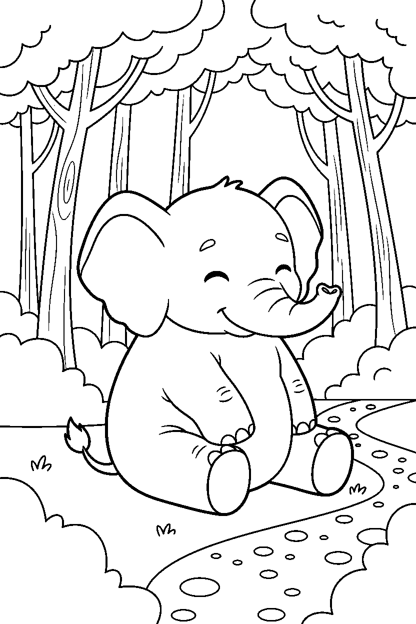 elephant sitting calmly in a forest line art