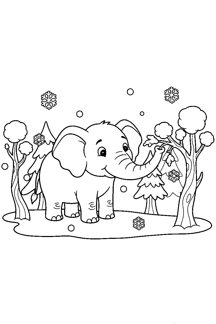 elephant sniffing curiously in a winter forest line art