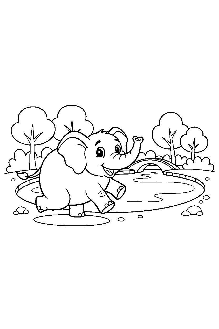 elephant walking happily at a park pond line art