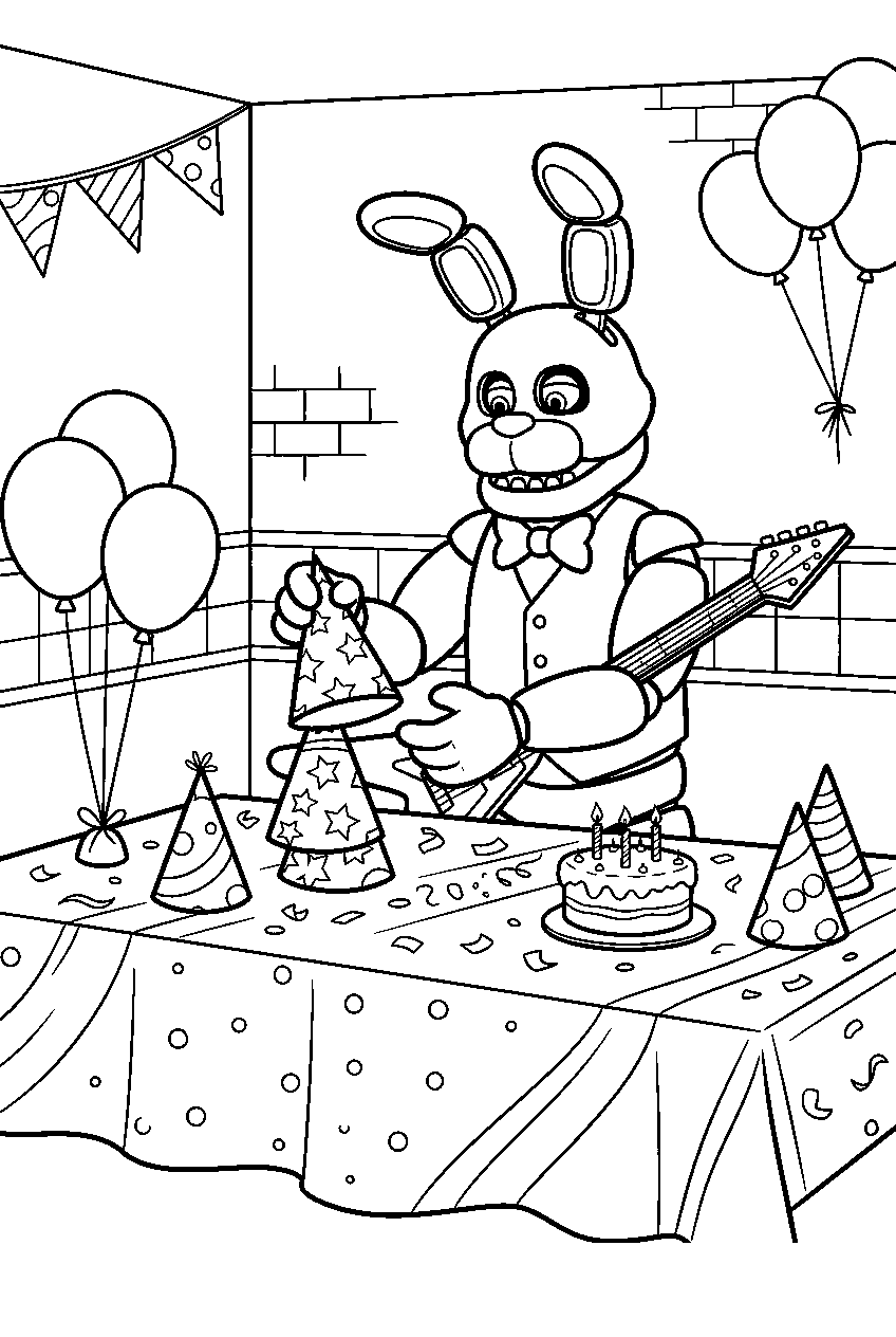 fnaf bonnie arranging party hats on a decorated table in the party room line art