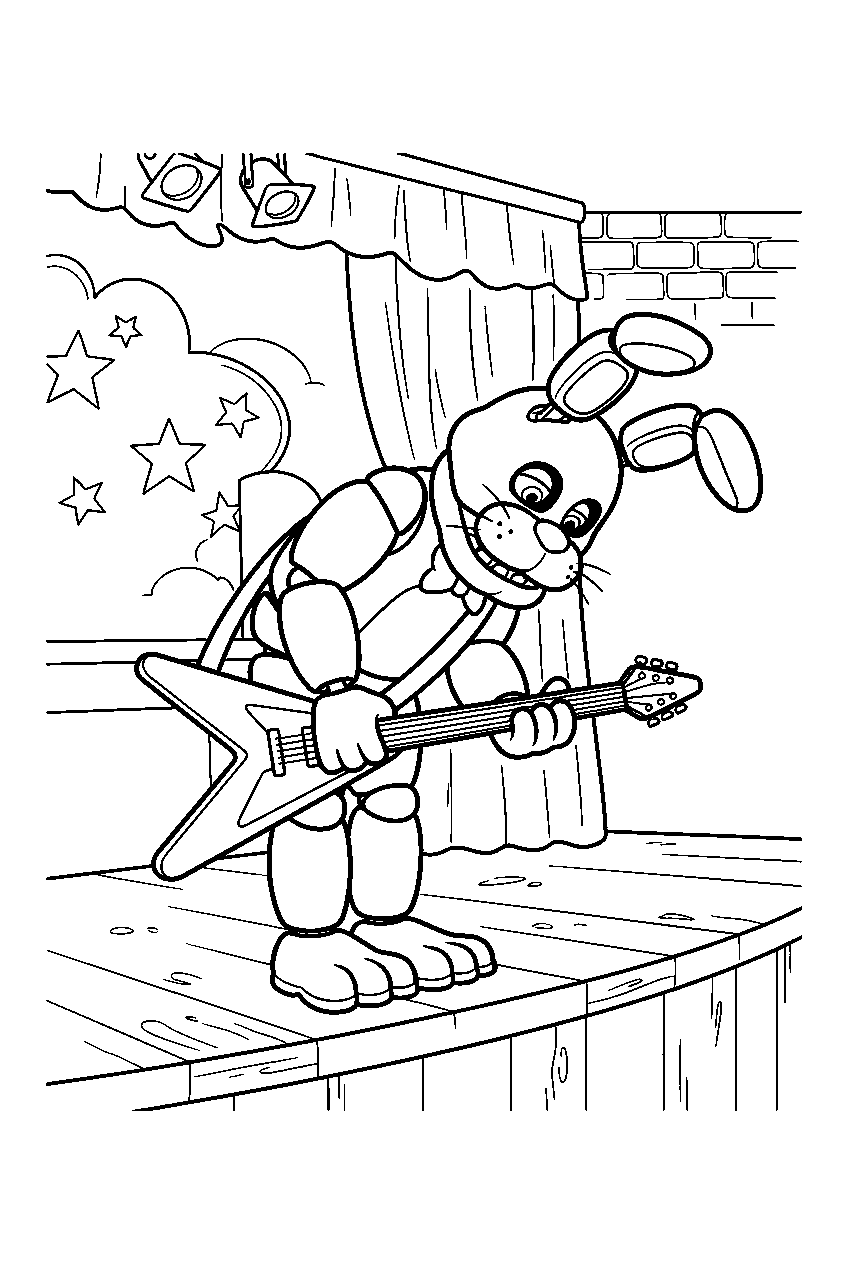 fnaf bonnie bowing with his guitar at the center of the show stage line art