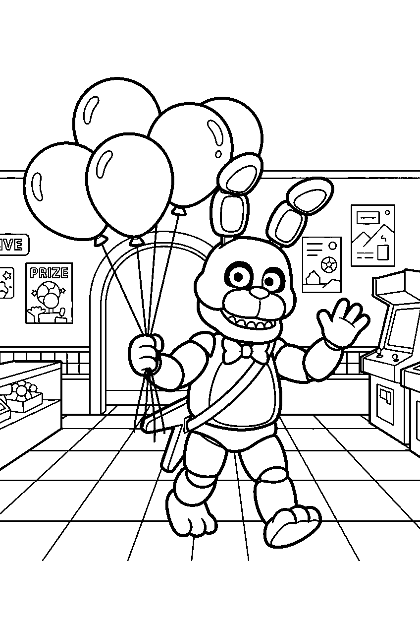fnaf bonnie carrying a bunch of balloons through the pizzeria lobby line art