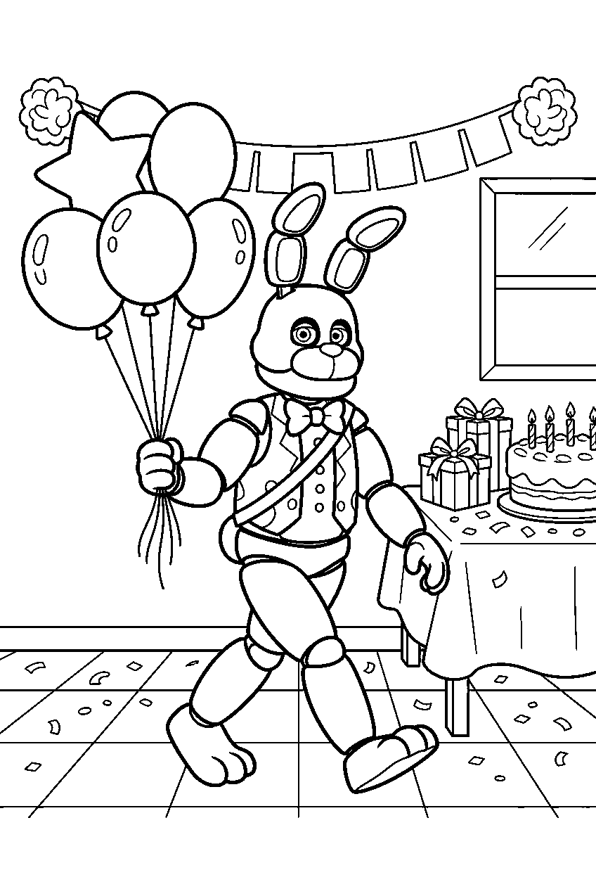 fnaf bonnie carrying a bunch of balloons toward a birthday table in the party room line art
