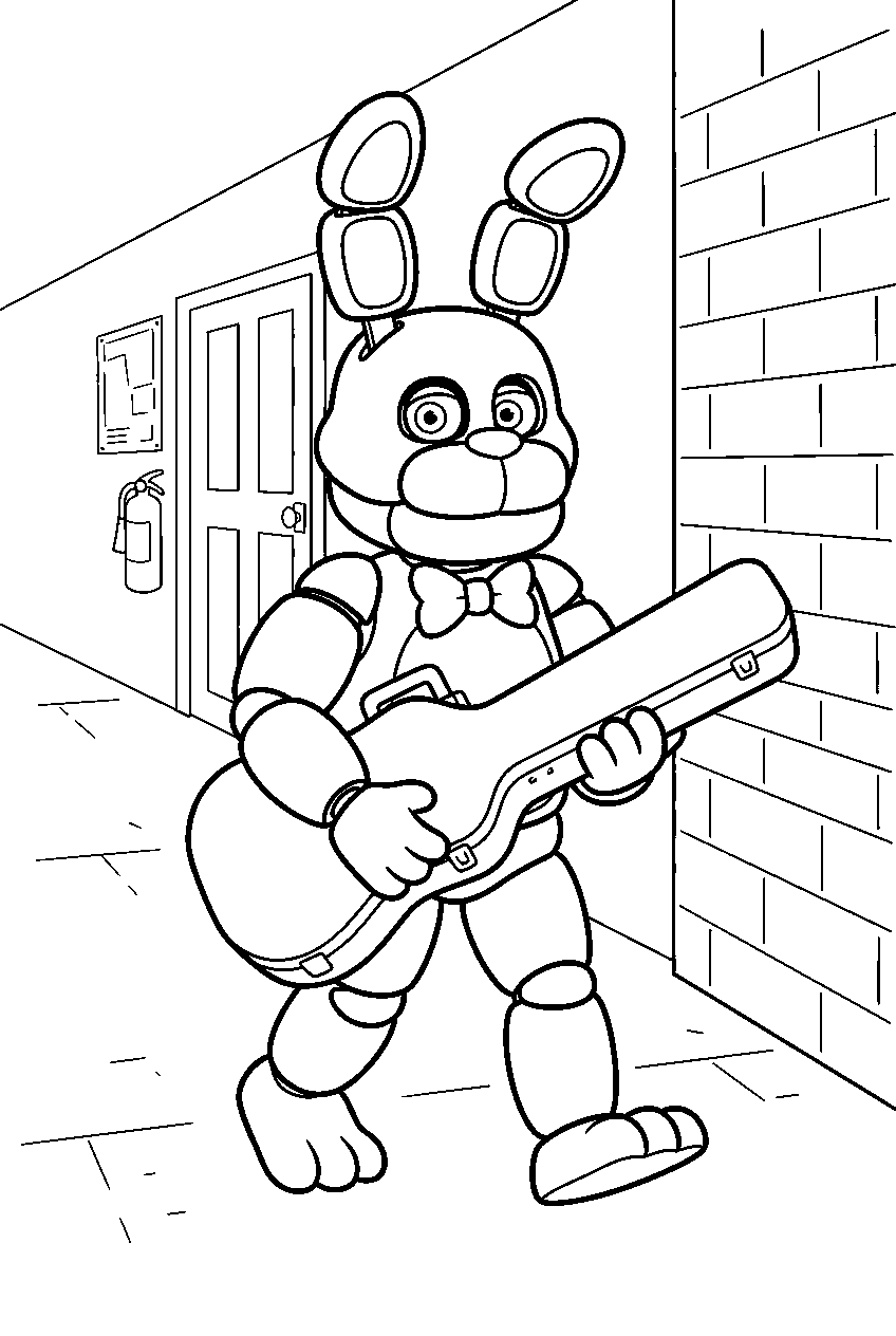 fnaf bonnie carrying a guitar case through the backstage corridor line art
