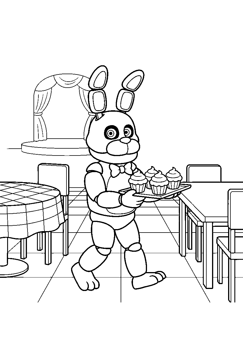 fnaf bonnie carrying a tray of cupcakes between the dining room tables line art