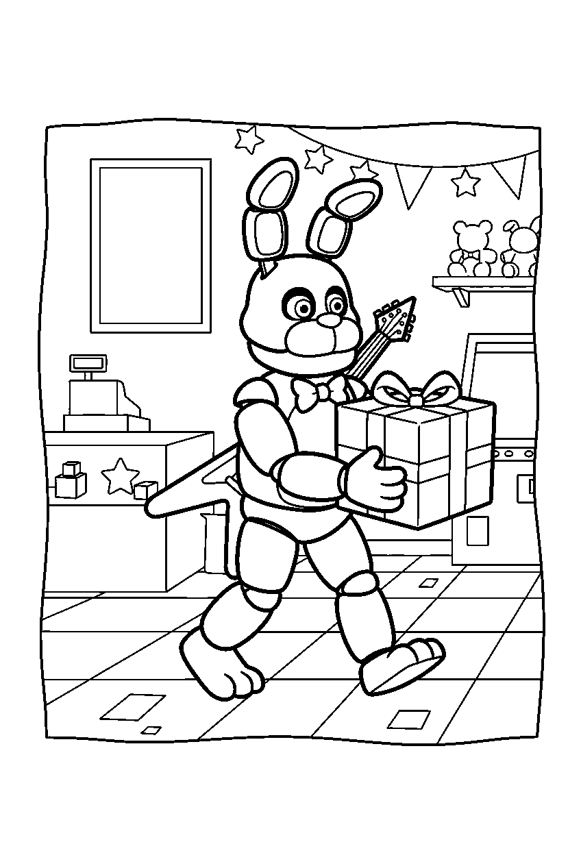 fnaf bonnie carrying a wrapped gift through the pizzeria prize corner line art