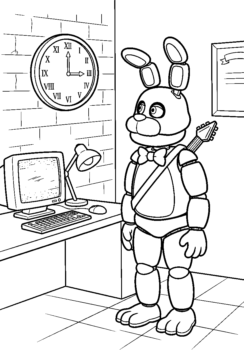 fnaf bonnie checking a wall clock beside the security desk line art
