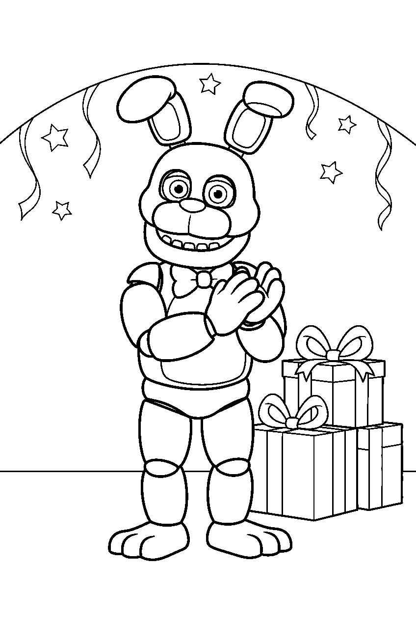 fnaf bonnie clapping beside stacked presents in the celebration room line art