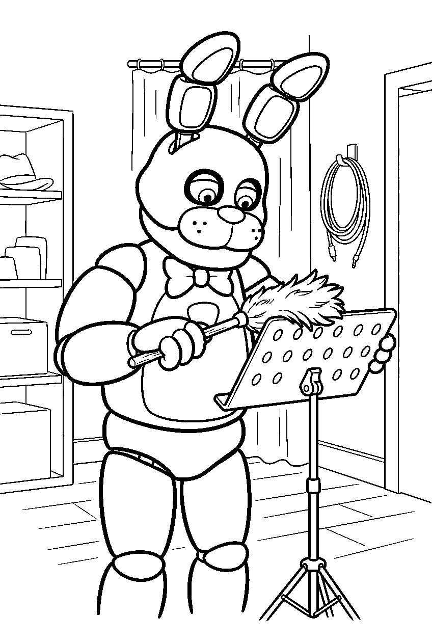fnaf bonnie dusting a music stand inside the backstage room line art