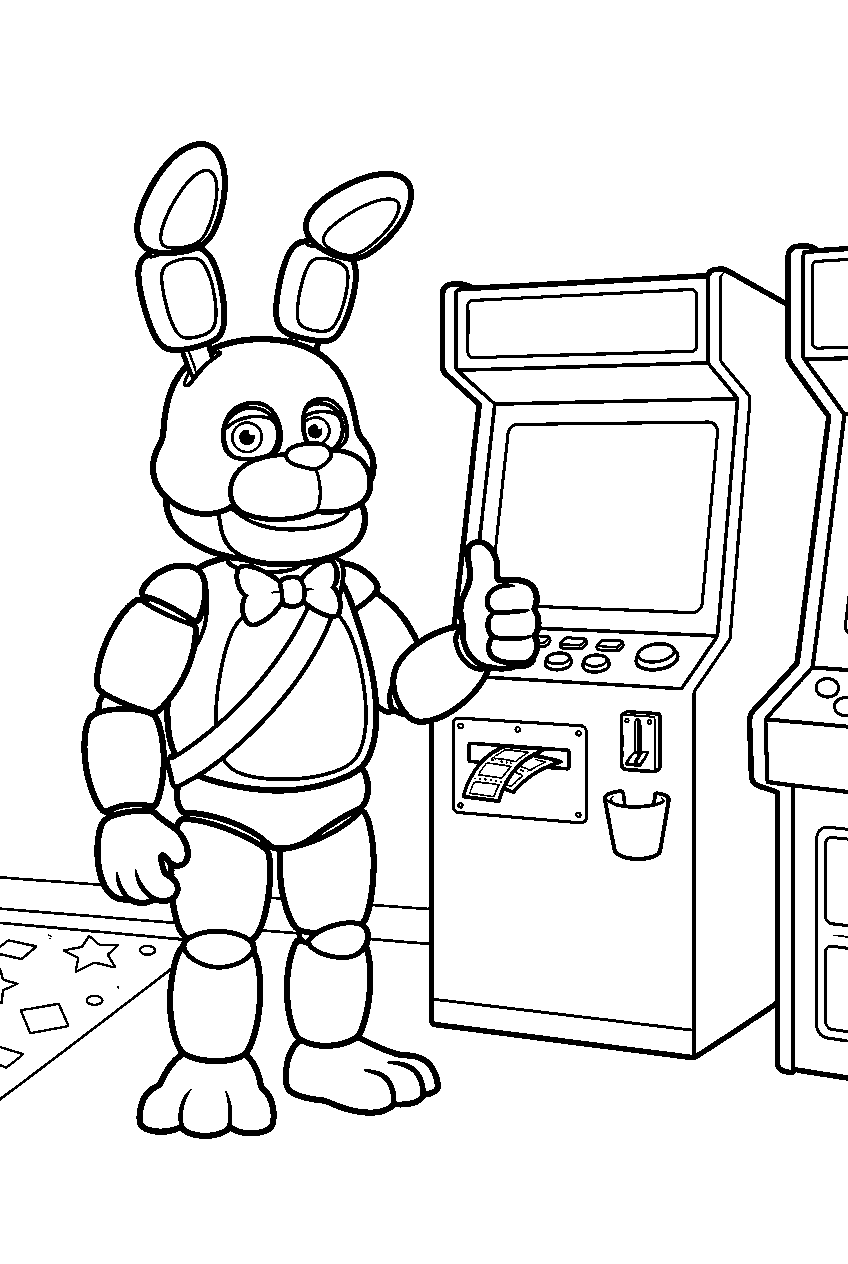 fnaf bonnie giving a thumbs up beside the ticket machine in the arcade line art