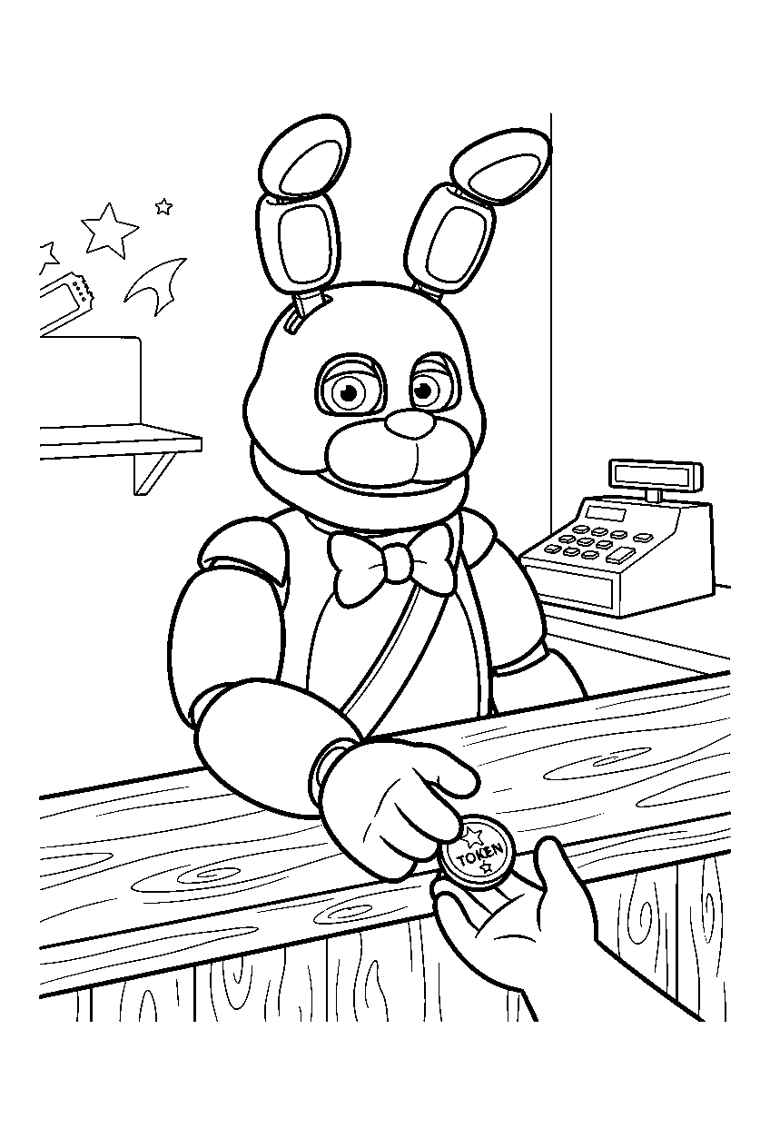 fnaf bonnie handing an arcade token across the prize counter line art
