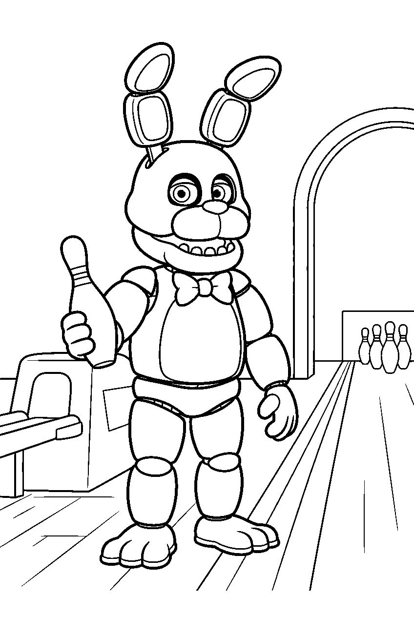 fnaf bonnie holding a bowling pin beside a lane inside bonnie bowl line art