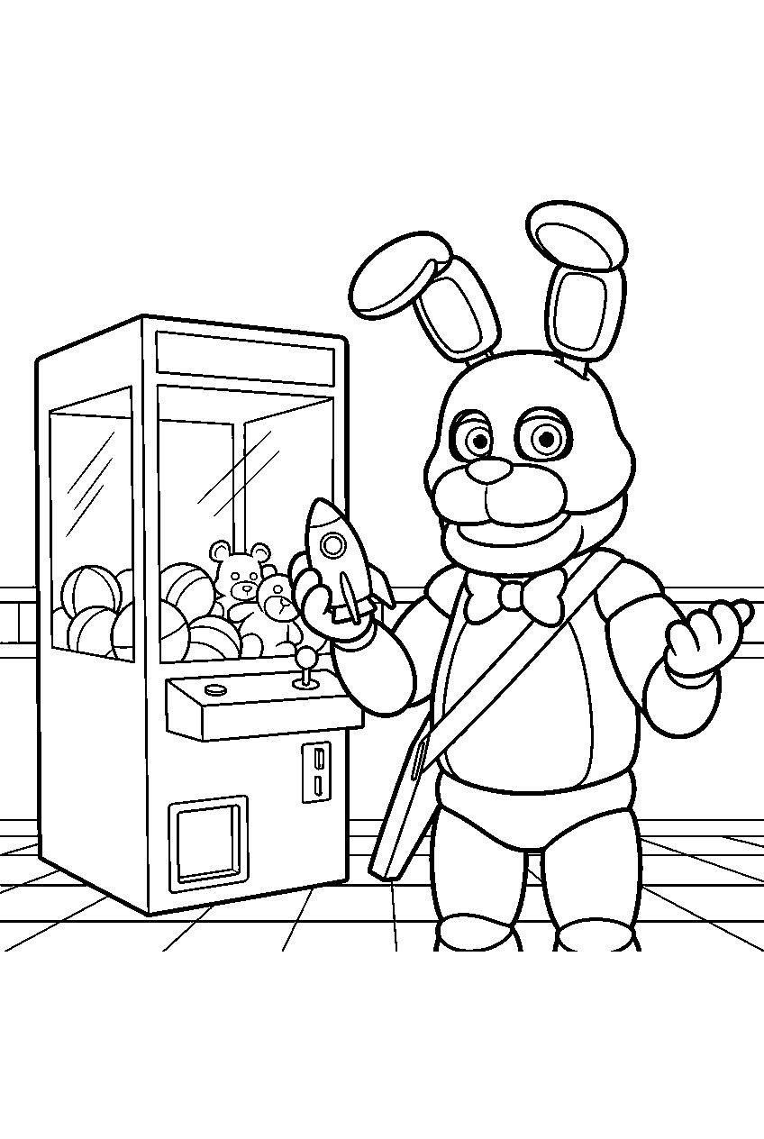 fnaf bonnie holding a toy rocket beside the arcade prize machine line art