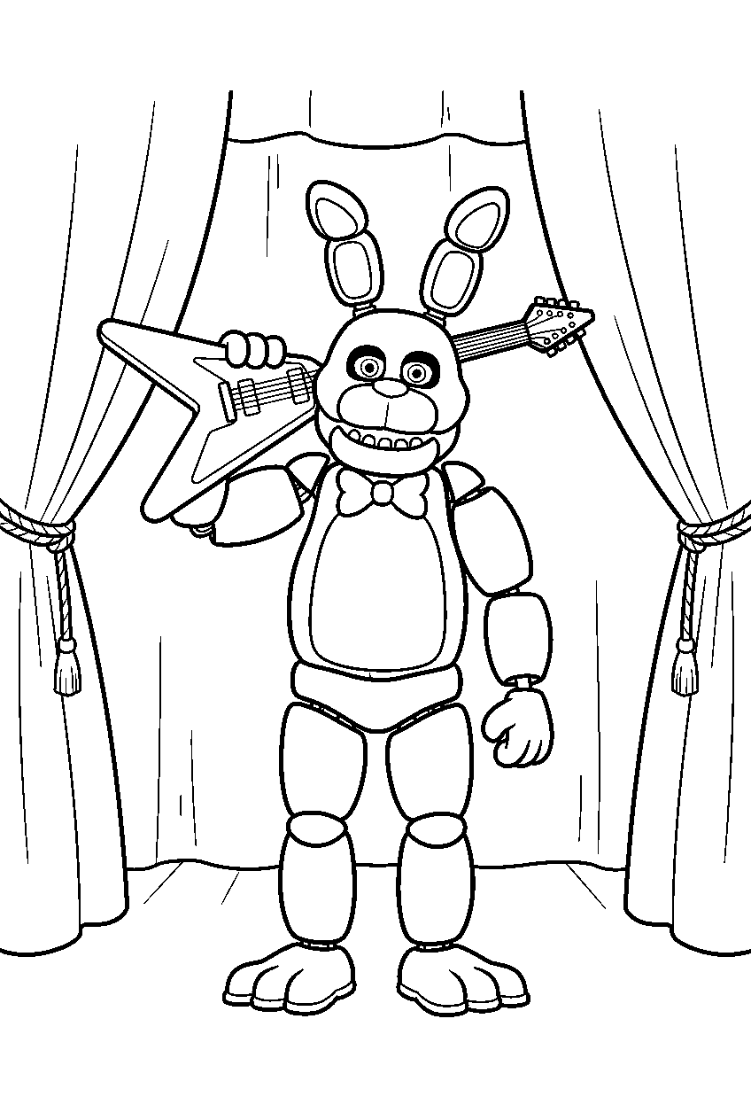fnaf bonnie holding his guitar above one shoulder between the stage curtains line art