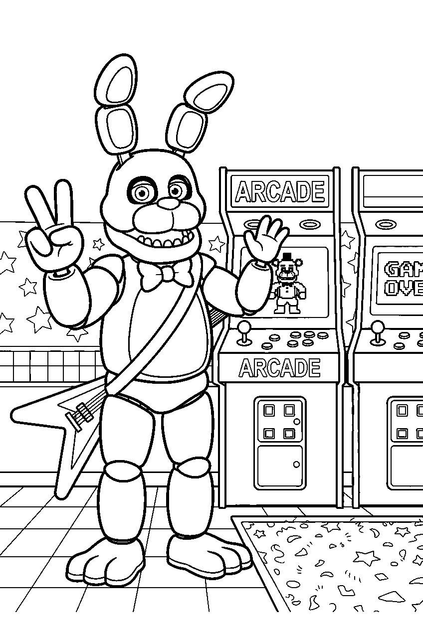 fnaf bonnie making a peace sign beside the arcade cabinets line art