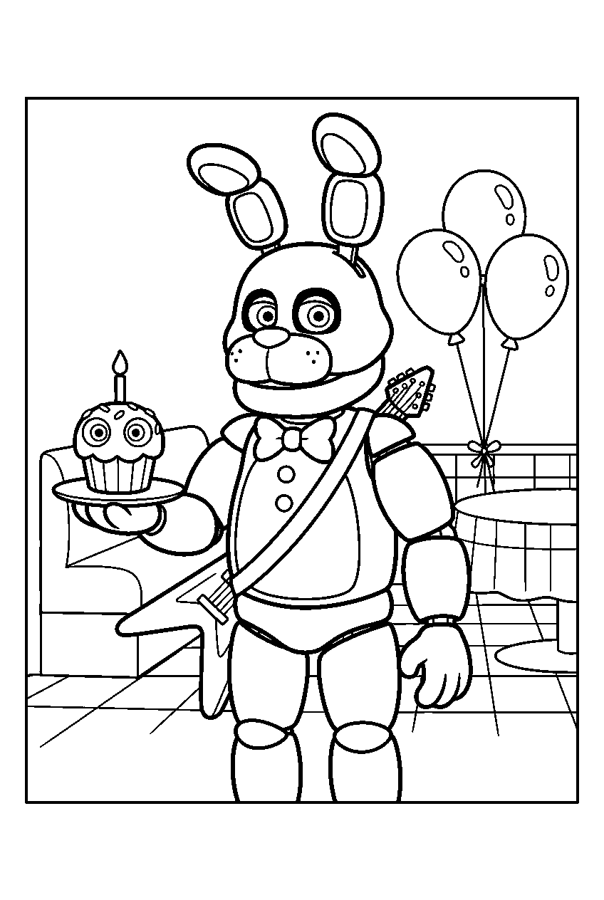 fnaf bonnie offering a cupcake beside balloons in the pizzeria dining room line art