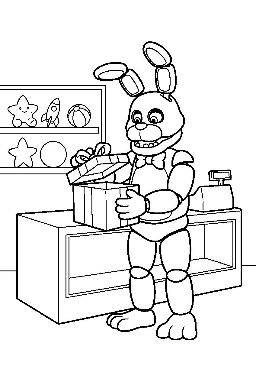 fnaf bonnie opening a gift box beside the arcade prize counter line art