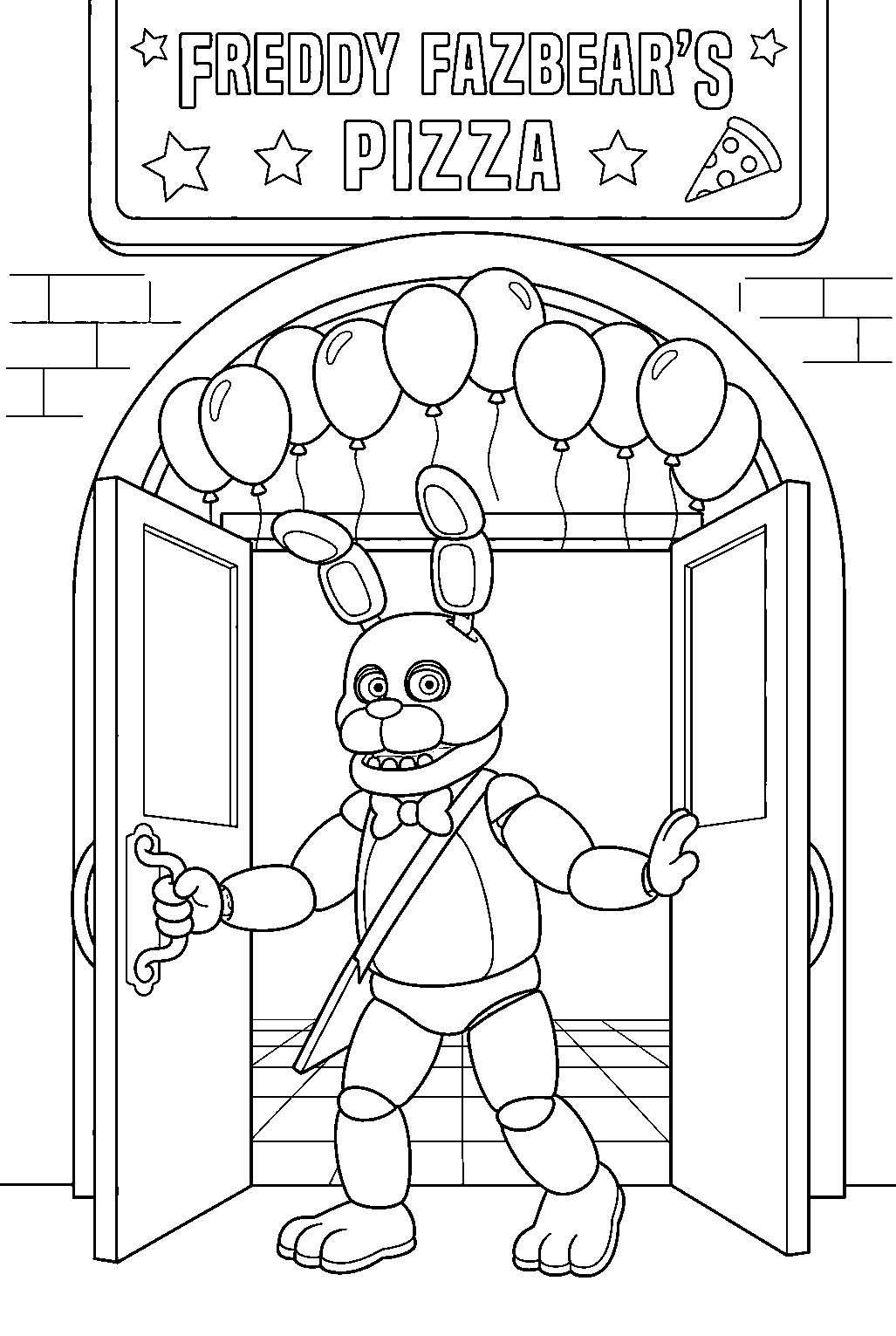fnaf bonnie opening the pizzeria entrance door beneath hanging balloons line art
