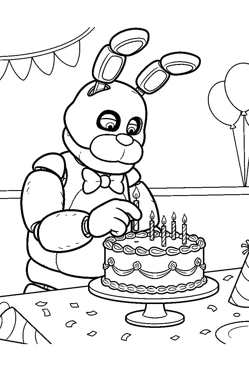 fnaf bonnie placing candles on a cake at the birthday party table line art