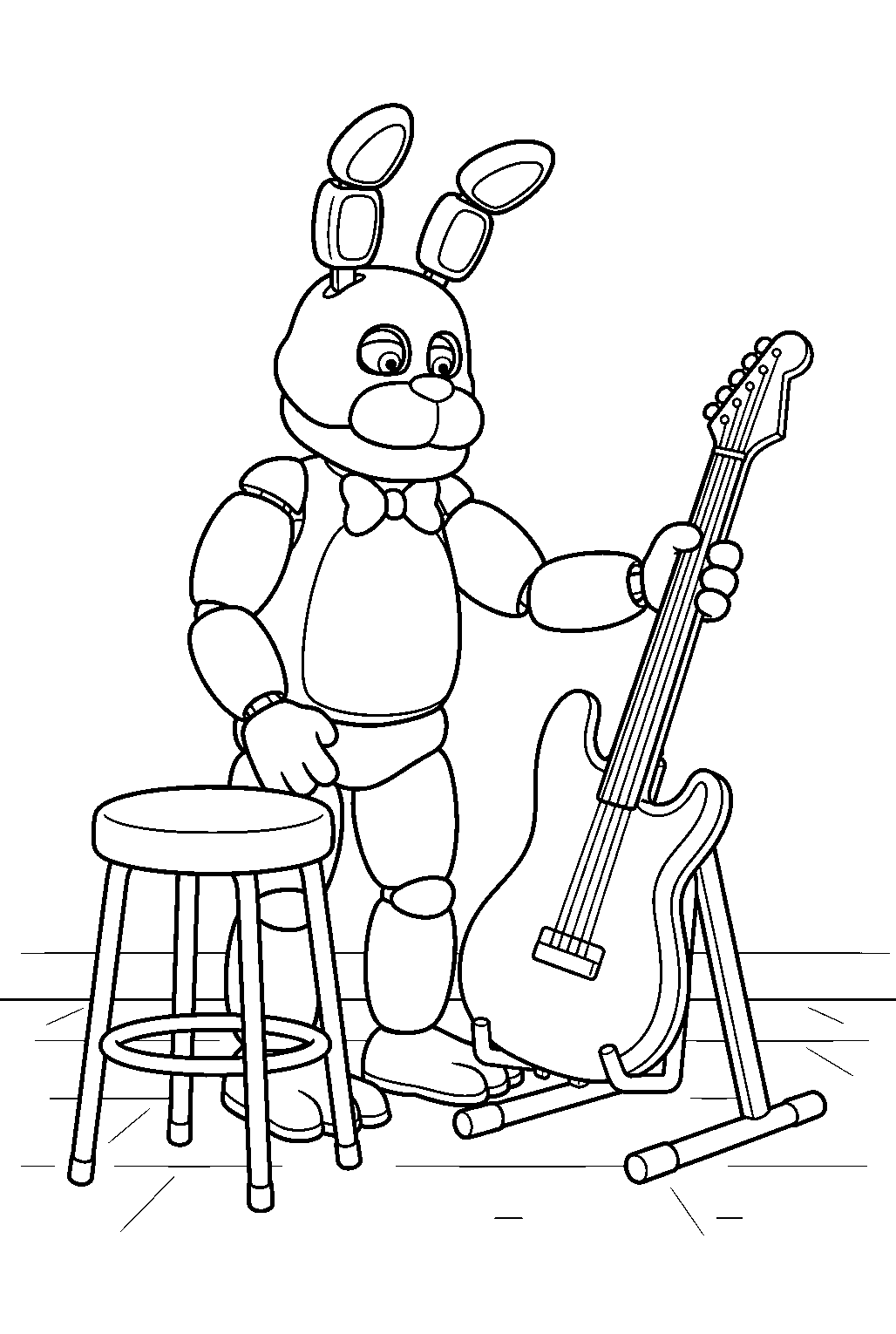 fnaf bonnie placing his guitar on a stand beside a rehearsal stool line art