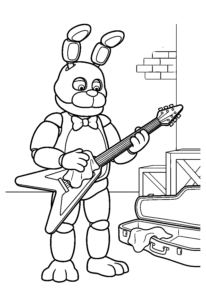 fnaf bonnie polishing his guitar beside an instrument case in the backstage room line art