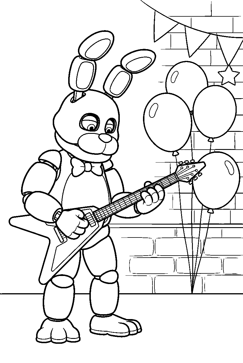 fnaf bonnie practicing guitar chords beside balloons in the pizzeria music room line art