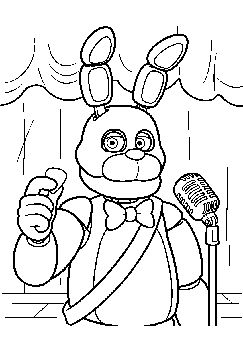 fnaf bonnie presenting a guitar pick beside a microphone on the performance stage line art