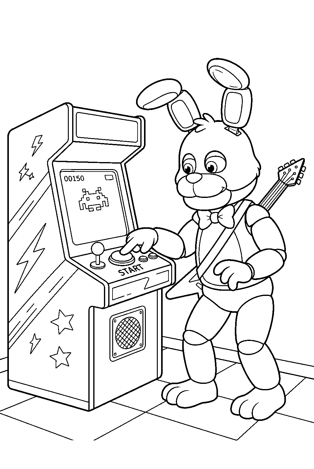 fnaf bonnie pressing an arcade button beside a game cabinet line art