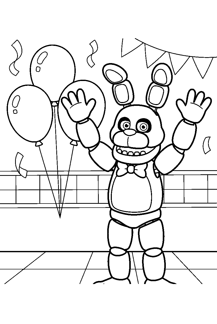 fnaf bonnie raising both hands beside balloons in the party room line art
