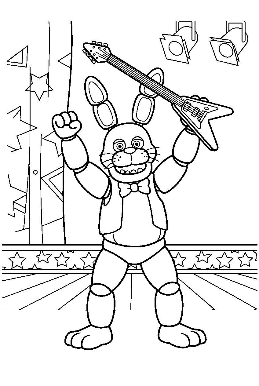 fnaf bonnie raising his guitar after a concert on the main pizzeria stage line art