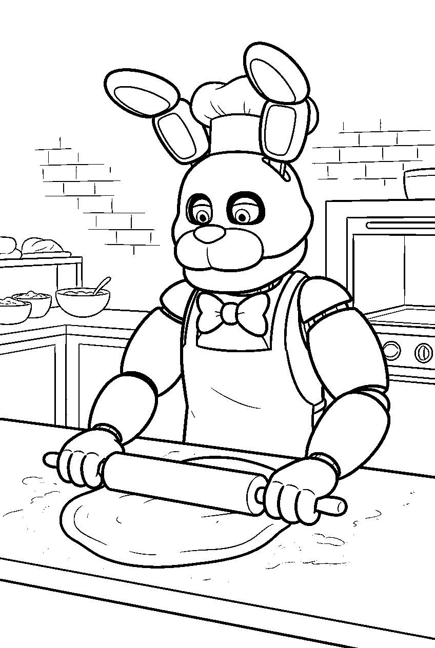 fnaf bonnie rolling pizza dough at the pizzeria kitchen counter line art