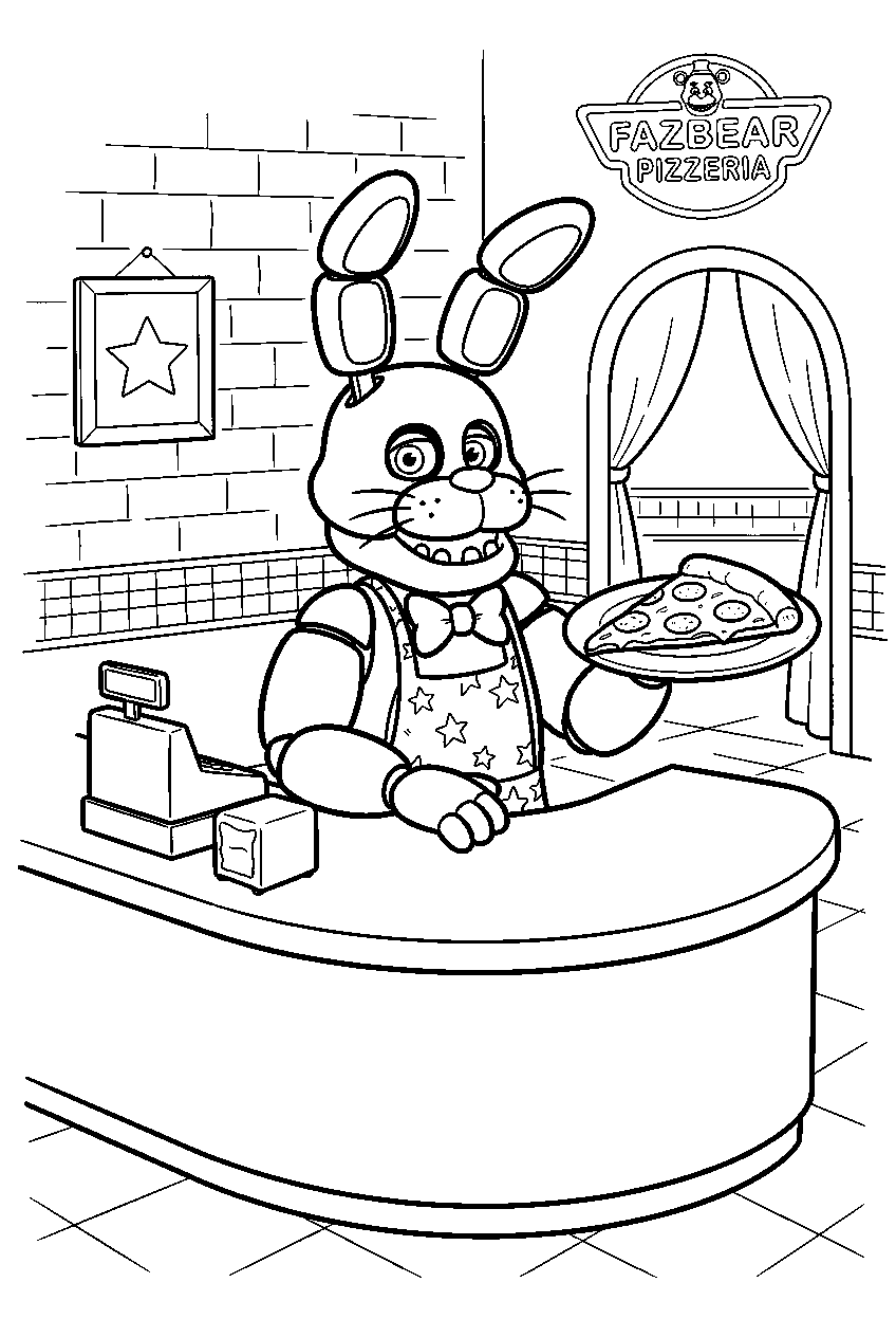 fnaf bonnie serving a pizza slice at the pizzeria dining counter line art