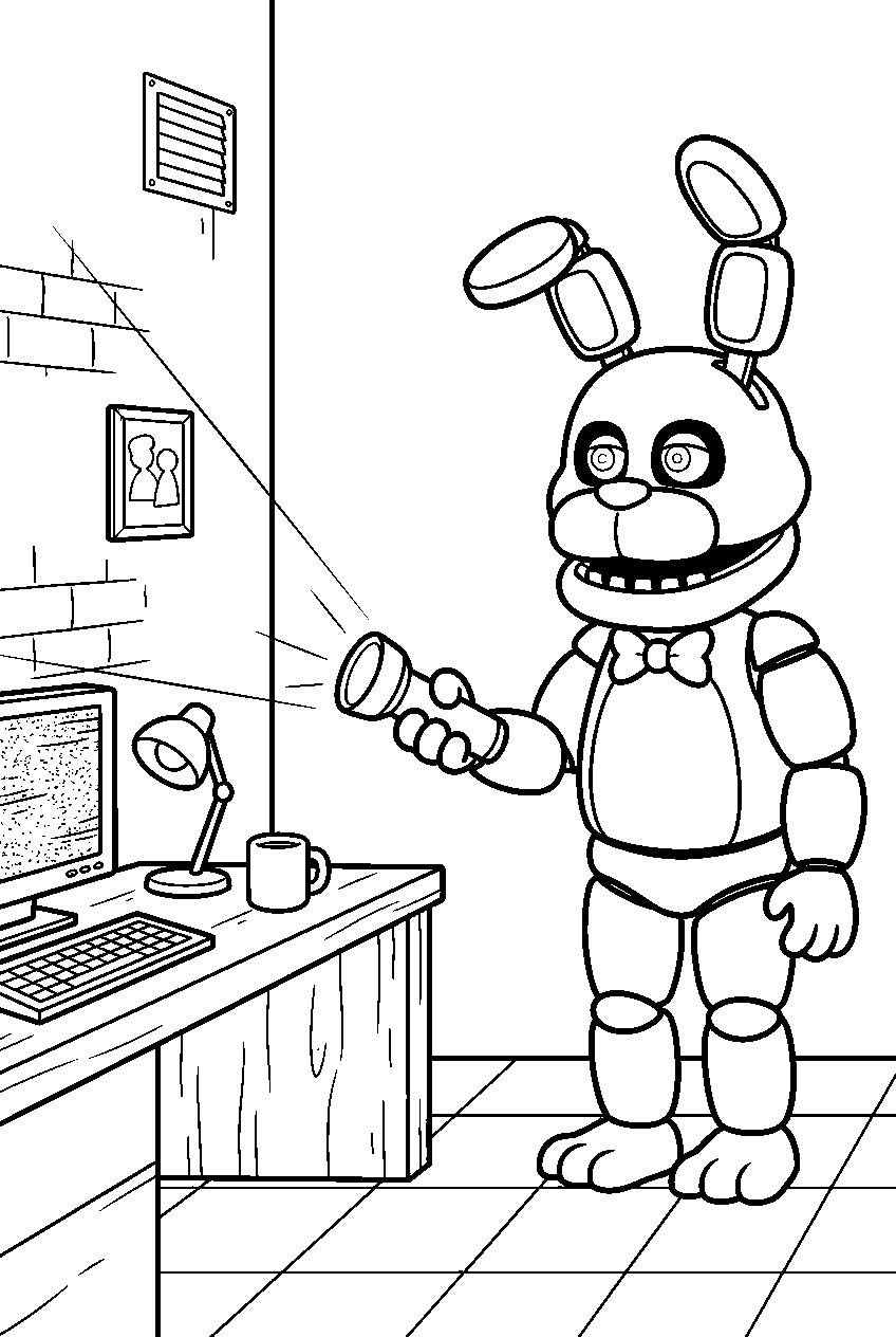fnaf bonnie shining a flashlight beside the desk in the security office line art