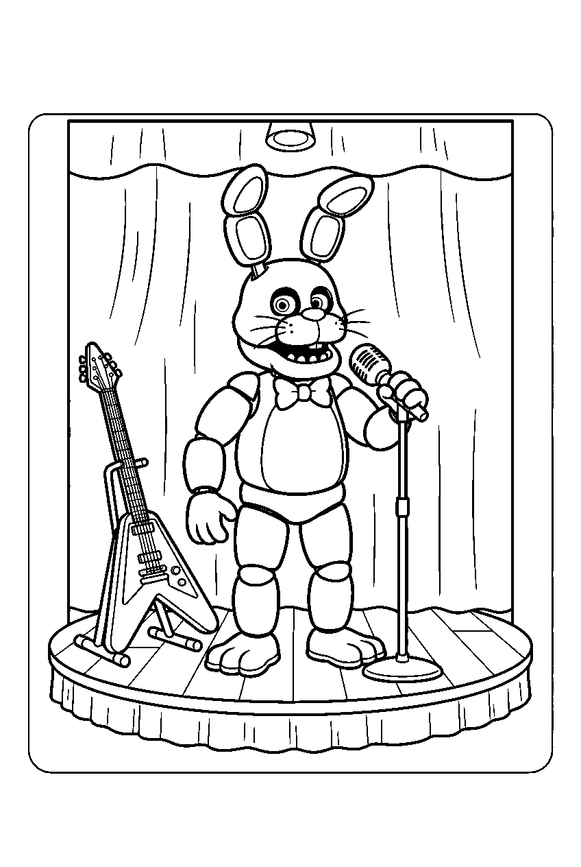 fnaf bonnie singing into a microphone beside his guitar on a small pizzeria stage line art