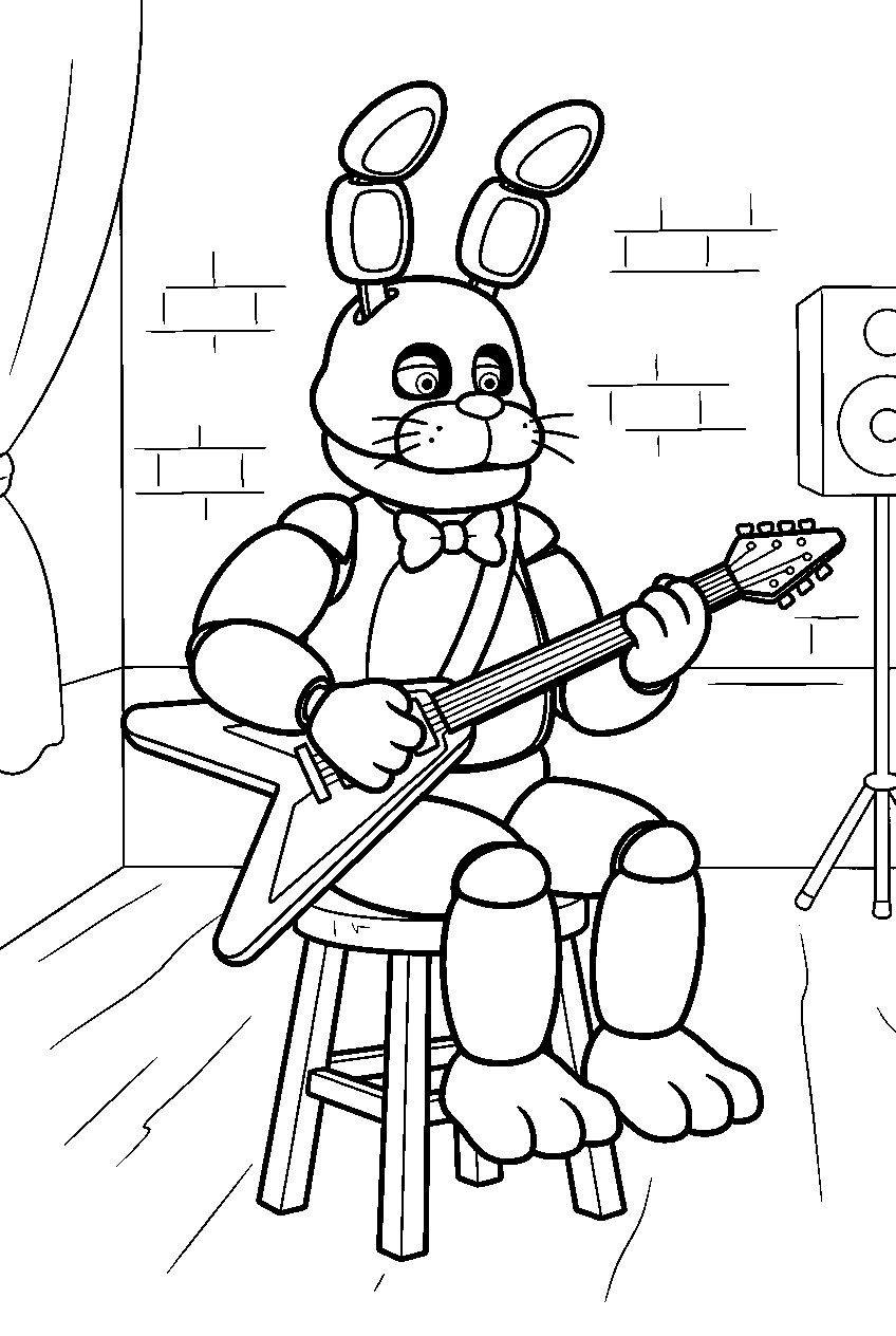 fnaf bonnie sitting on a stool with his guitar in the rehearsal room line art