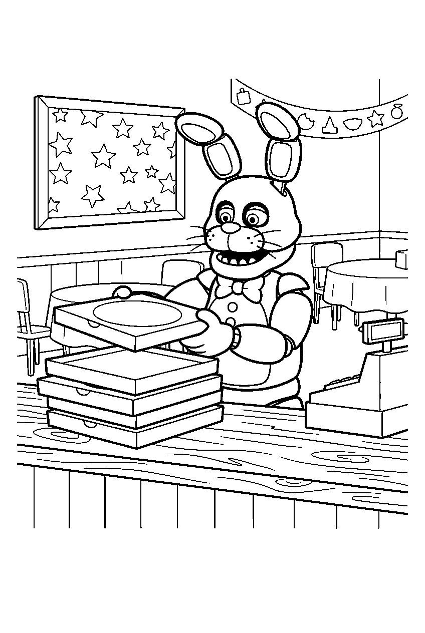 fnaf bonnie stacking pizza boxes beside the dining room counter line art