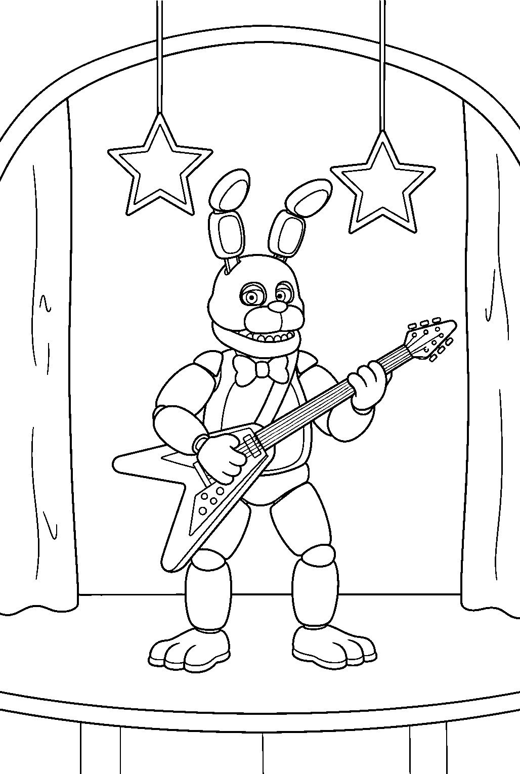 fnaf bonnie strumming an electric guitar beneath star decorations on the main pizzeria stage line art