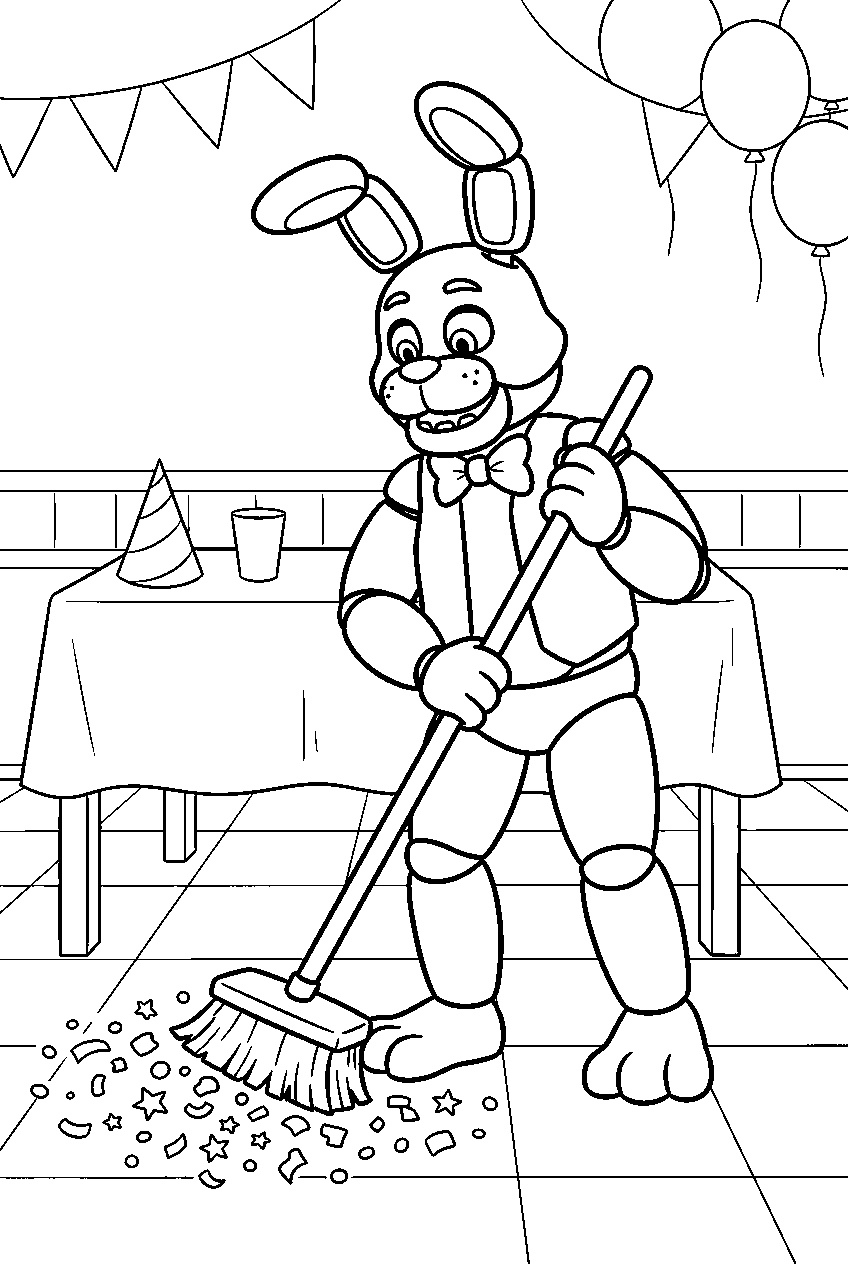 fnaf bonnie sweeping confetti beside a table in the party hall line art
