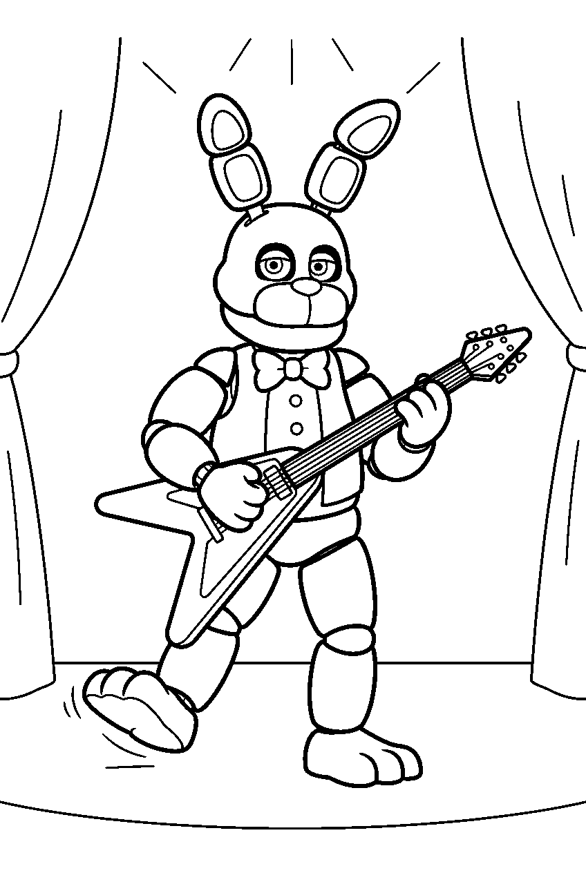fnaf bonnie tapping one foot while playing guitar beneath the stage lights line art