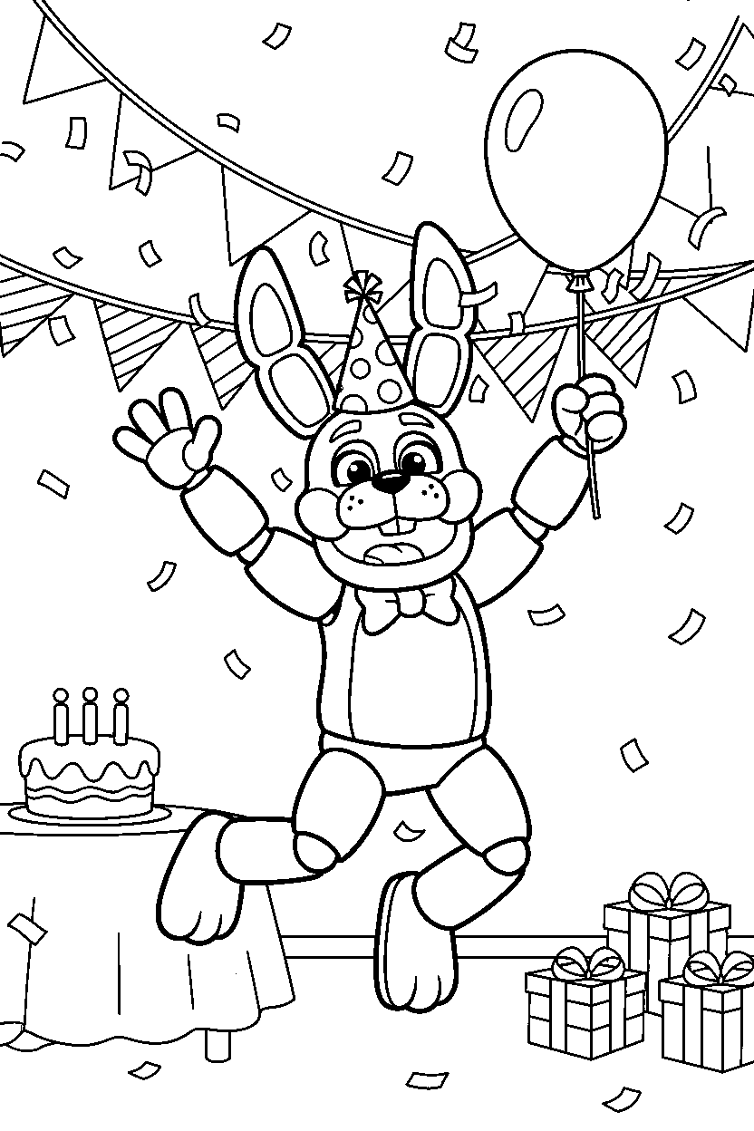 fnaf bonnie the bunny animatronic celebrating happily in a festive event room line art