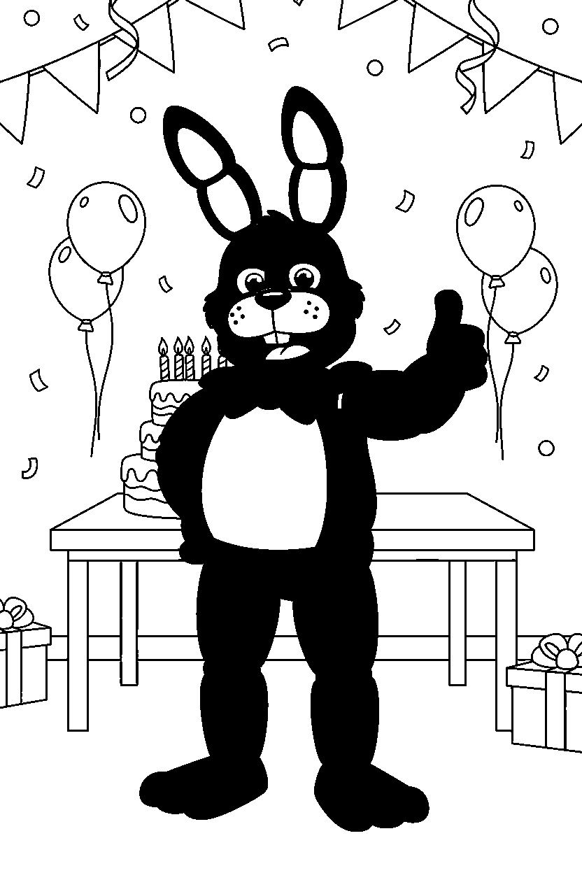 fnaf bonnie the bunny animatronic giving a thumbs up in a bright party room line art