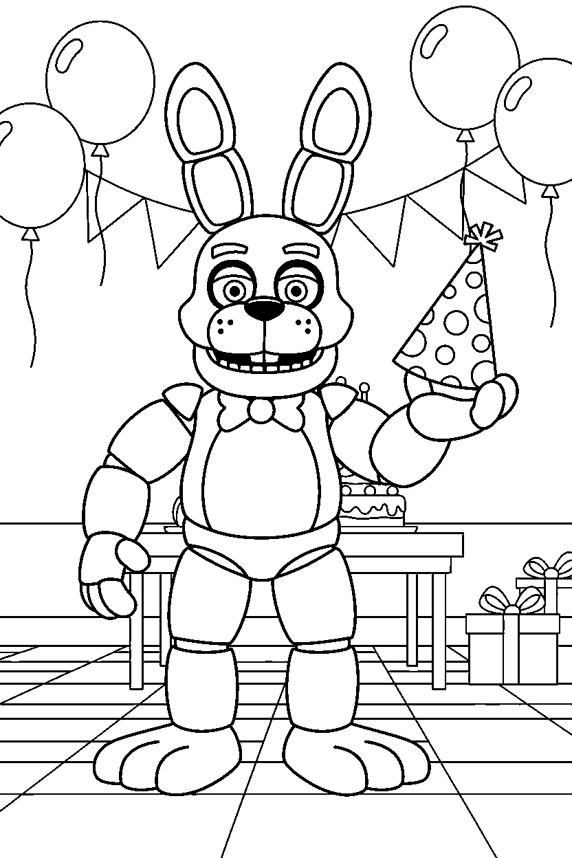 fnaf bonnie the bunny animatronic holding a party hat in a bright party room line art
