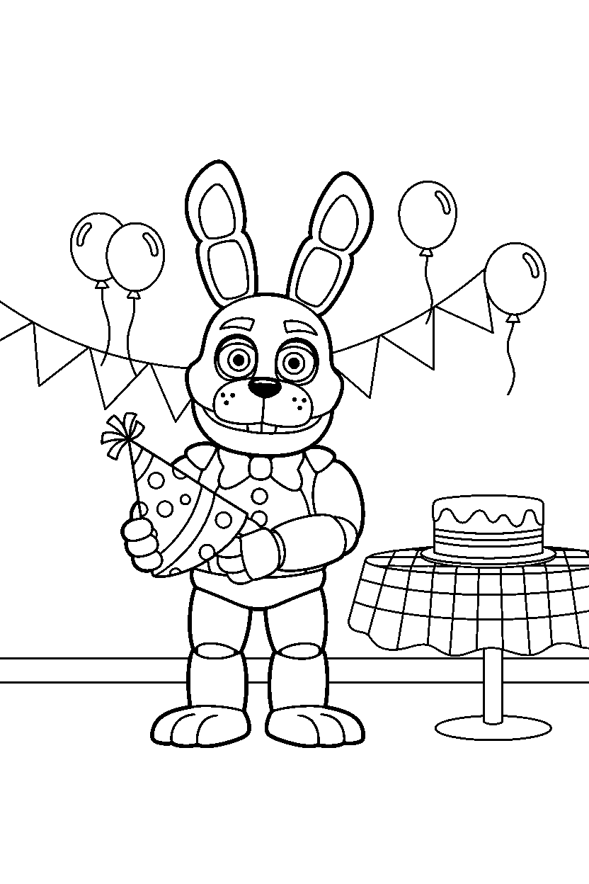 fnaf bonnie the bunny animatronic holding a party hat in a decorated party room line art