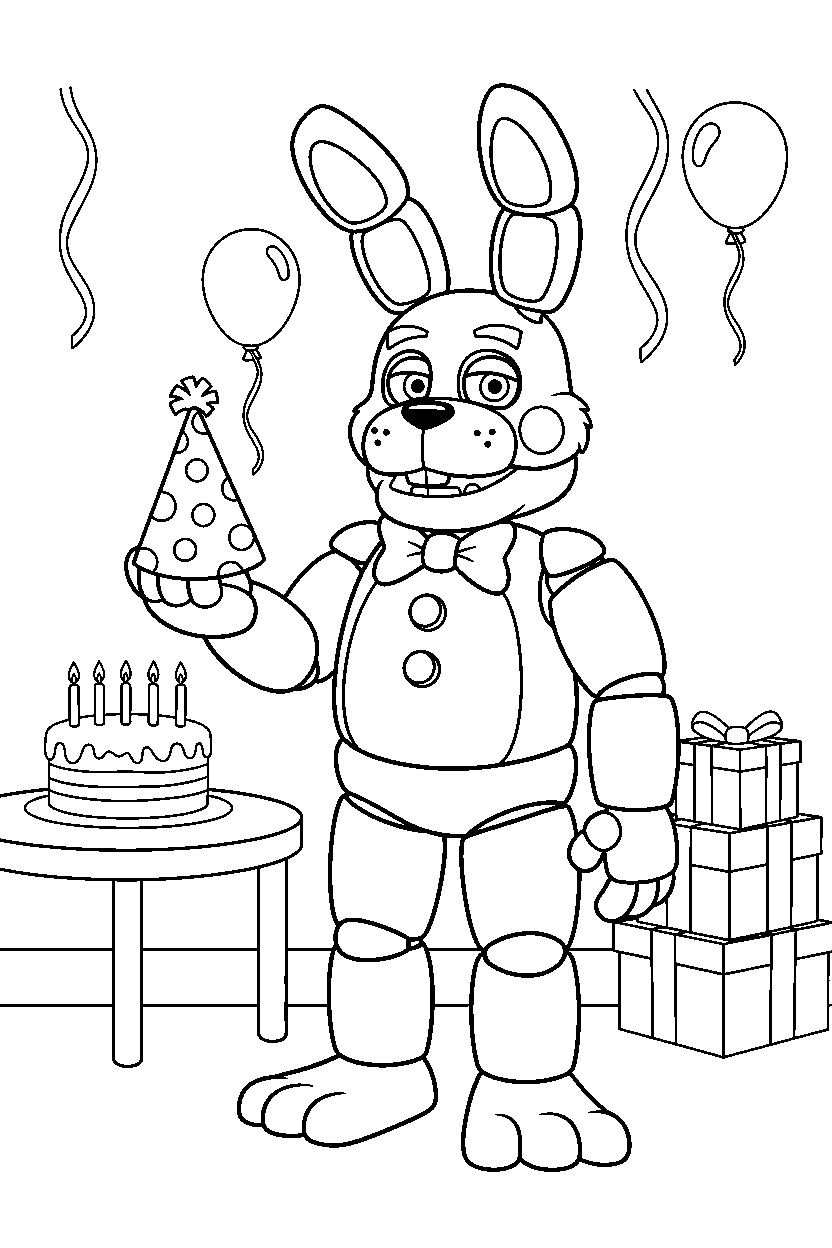 fnaf bonnie the bunny animatronic holding a party hat in a decorated playroom line art