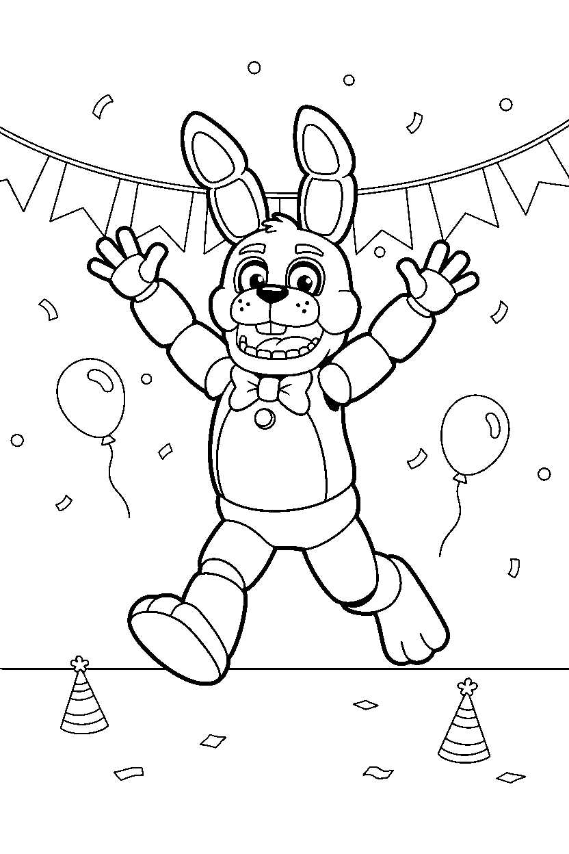 fnaf bonnie the bunny animatronic jumping happily inside a cartoon party hall line art