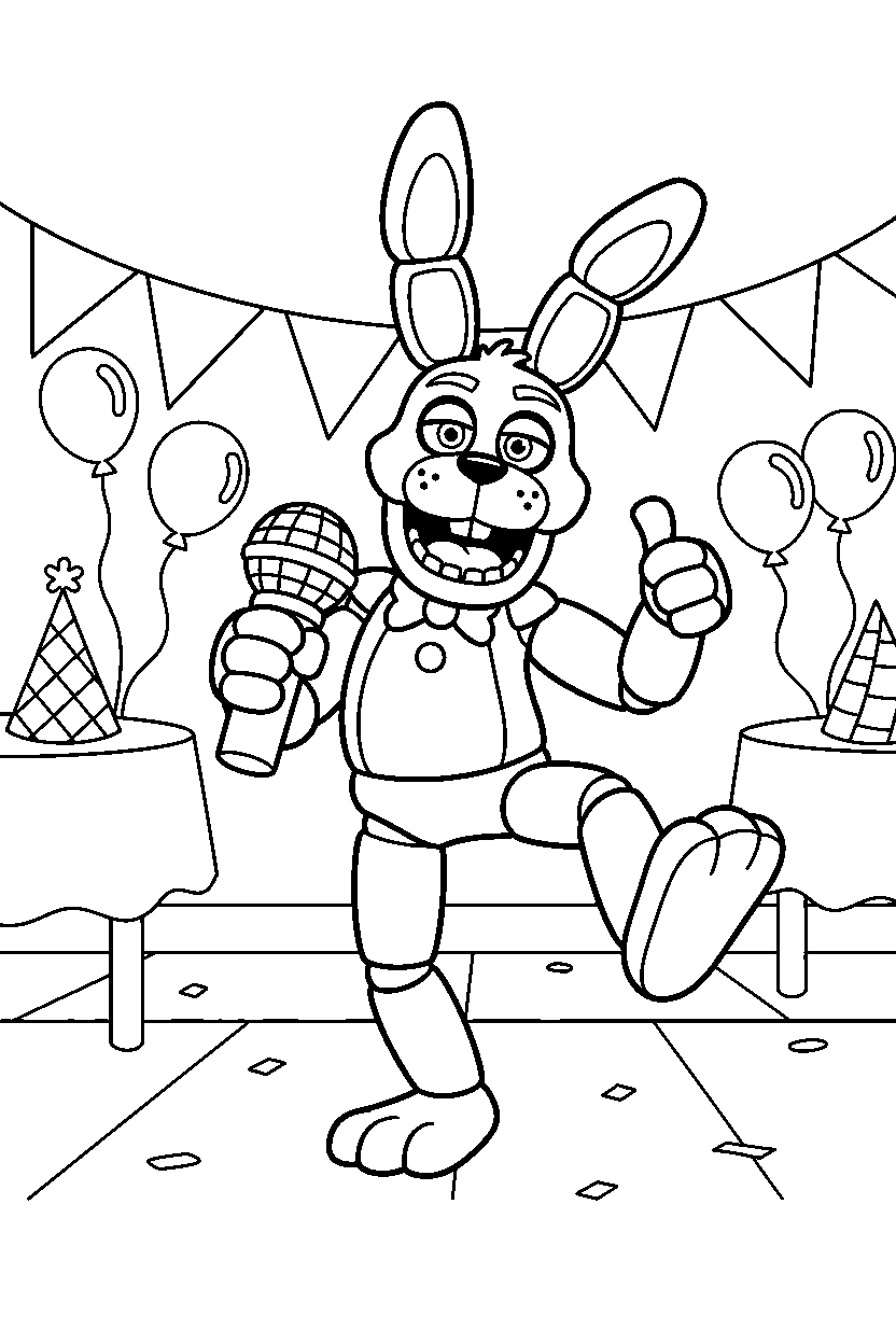 fnaf bonnie the bunny animatronic making a funny pose in a decorated party room line art