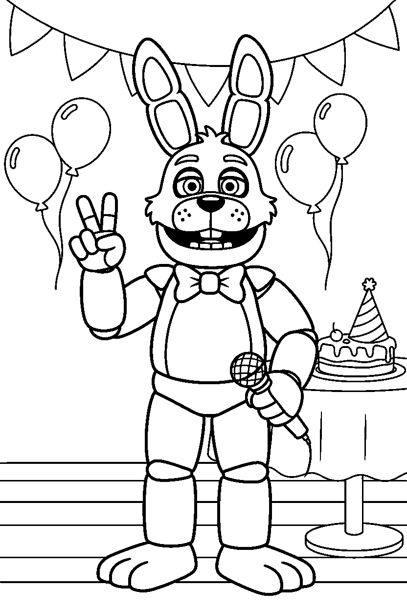 fnaf bonnie the bunny animatronic making a peace sign in a birthday celebration room line art