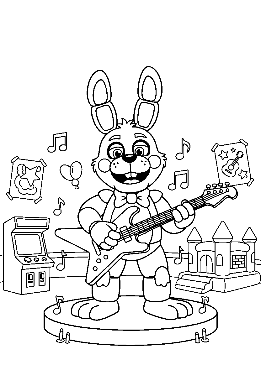 fnaf bonnie the bunny animatronic playing guitar in a fun entertainment center line art