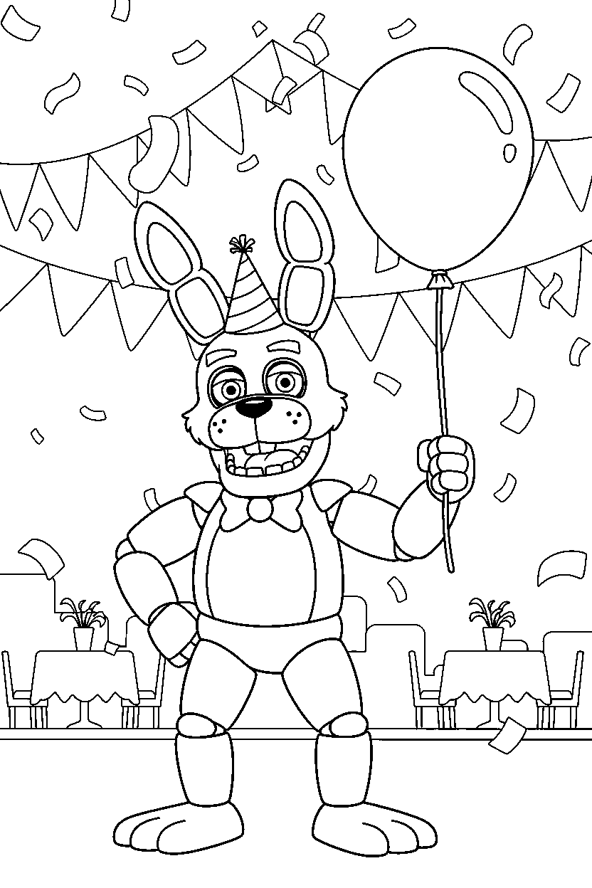 fnaf bonnie the bunny animatronic posing heroically in a celebration hall line art