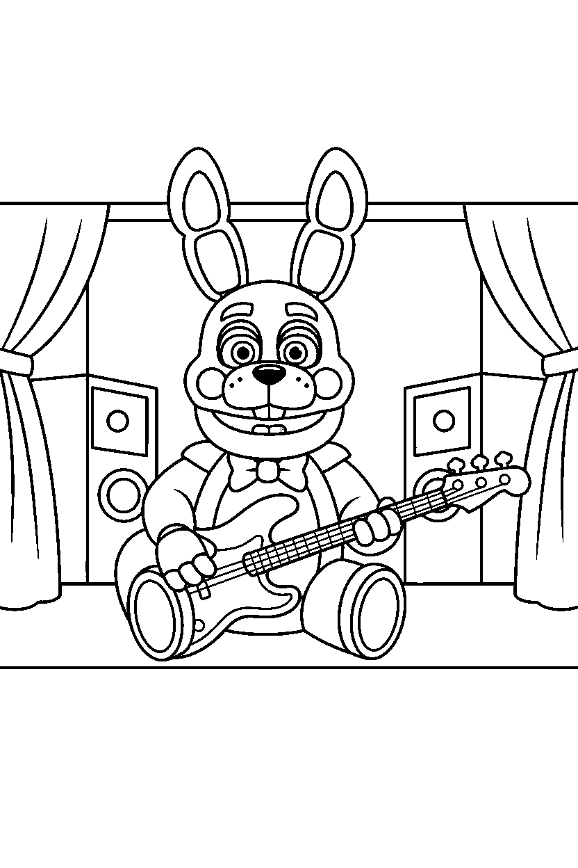 fnaf bonnie the bunny animatronic sitting and smiling on a performance stage line art